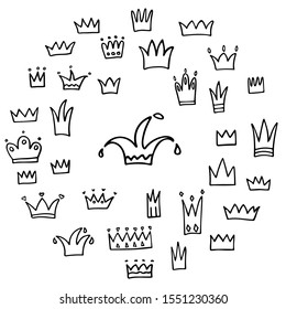 Set of hand drawn crowns. Grunge doodle style diadem silhouettes painted with ink and brush. Isolated black logo and icon collection on white background. Vector illustration