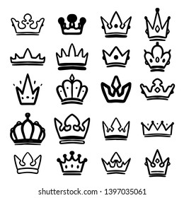 Set hand drawn crowns isolated white background  Design element for poster  card  banner  t shirt  emblem  sign  Vector illustration