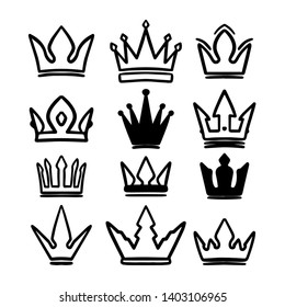 Set of hand drawn crowns isolated on white background. Design element for poster, card, banner, t shirt, emblem, sign. Vector illustration