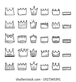 Set of hand drawn crowns isolated on a white background. Doodle, simple outline illustration. It can be used for decoration of textile, paper and other surfaces.