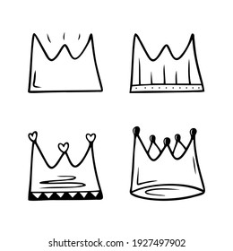 Set of hand drawn crowns isolated on a white background. Doodle, simple outline illustration. It can be used for decoration of textile, paper and other surfaces.