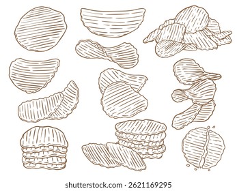 Set of hand drawn crunchy potato chips food illustration vector 