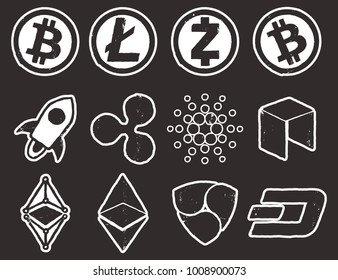 Set of hand drawn
 cryptocurrency icons. Bitcoin, Litecoin, Zcash, Bitcoin Cash, Stellar, Ripple, Cardano, Neo, Ethereum, Ethereum Classic, NEM and Dash.