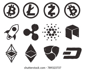 Set of hand drawn
 cryptocurrency icons. Bitcoin, Litecoin, Zcash, Bitcoin Cash, Stellar, Ripple, Cardano, Neo, Ethereum, Ethereum Classic, NEM and Dash.