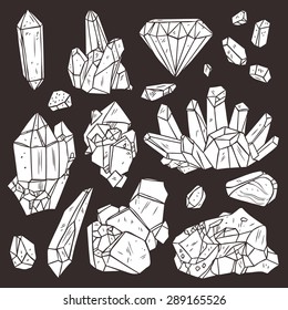 Set Of Hand Drawn Crystals And Minerals On Black Background. Trendy Hipster Design Elements. Black And White Geometric Gems