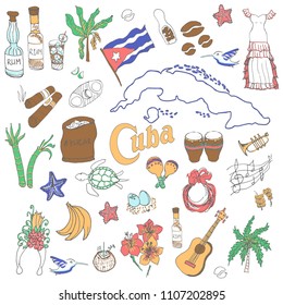 Set of hand drawn Cuba icons, Cuban sketch illustration, doodle elements, Isolated national elements made in vector. Travel to Cuba concept for cards and web pages Caribbean cartoon objects collection