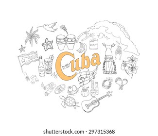 Set of hand drawn Cuba icons, Cuban sketch illustration, doodle elements, Isolated national elements made in vector. Travel to Cuba icons for cards and web pages