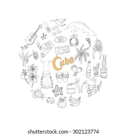 Set of hand drawn Cuba icons, Cuban sketch illustration, doodle elements, Isolated national elements made in vector. Travel to Cuba icons for cards and web pages