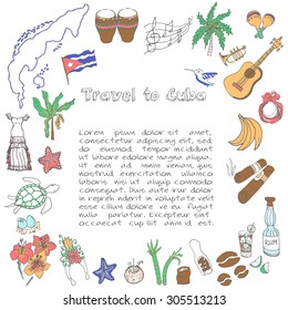 Set of hand drawn Cuba icons, Cuban sketch illustration, doodle elements, Isolated national elements made in vector. Travel to Cuba icons for cards and web pages