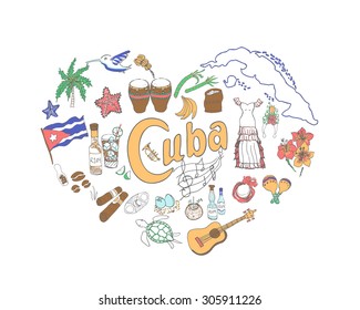 Set of hand drawn Cuba icons, heart shape, Cuban sketch illustration, doodle elements, Isolated national elements made in vector. Travel to Cuba icons for cards and web pages