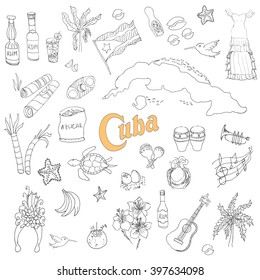 Set of hand drawn Cuba icons, Cuban sketch illustration, doodle elements, Isolated national elements made in vector. Travel to Cuba icons for cards and web pages Caribbean cartoon icons collection