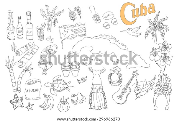 Set Hand Drawn Cuba Icons Cuban Stock Vector (Royalty Free) 296966270