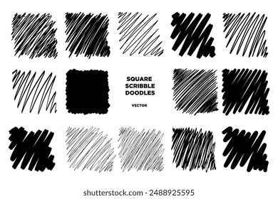 Set of hand drawn cube doodle shapes in different textures and shapes Isolated on white background. Free hand Square shaped scribble elements. Vector illustration.