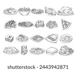 Set of hand drawn culinary dishes illustration (lasagna, steak, turkey, pizza, Belgian waffles, khachapuri, brownie, fish steak, meatloaf etc), vector sketch isolated illustration of food