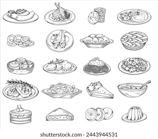 Set of hand drawn culinary dishes illustration (pancakes, sausages, risotto, steak, pie, dumplings, cake, Greek salad, cutlets, spaghetti, soup etc), vector sketch isolated illustration of food svg