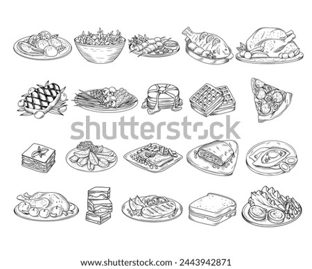 Set of hand drawn culinary dishes illustration (lasagna, steak, turkey, pizza, Belgian waffles, khachapuri, brownie, fish steak, meatloaf etc), vector sketch isolated illustration of food