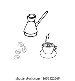 Juego de taza de café y cafetera turca dibujada a mano. Ilustración vectorial de Doodle.
