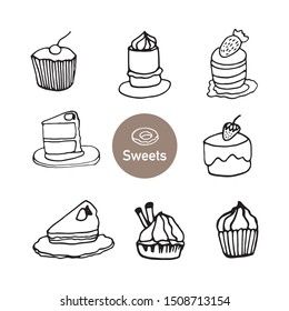 Set of hand drawn cupcake, muffin and cakes. Doodle vector illustration in cute scandinavian style. Element for greeting cards, posters, stickers and seasonal design. Isolated on white background