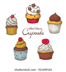 Set of hand drawn cupcake. Hand drawn vector illustration. Food image.