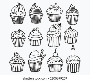 Set of hand drawn cupcakes. 
