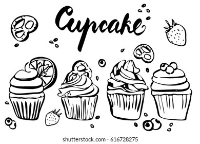 Set of hand drawn cupcakes