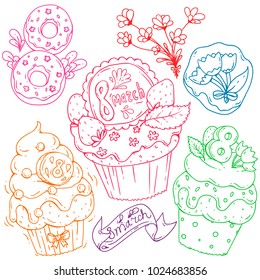 A set of hand drawn cupcakes, with donut 8, flowers and ribbon for 8 march celebration, colorful vector