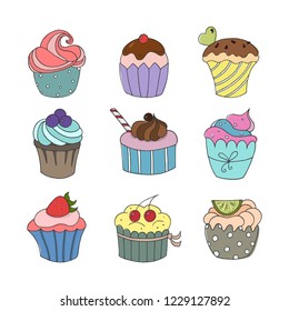 Set of hand drawn cupcakes on white background. Vector illustration.