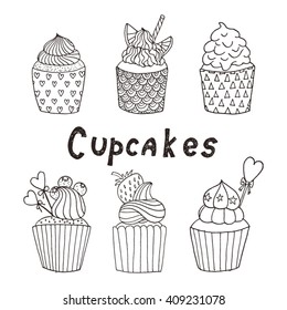 Set of hand drawn cupcakes. Vector illustration 