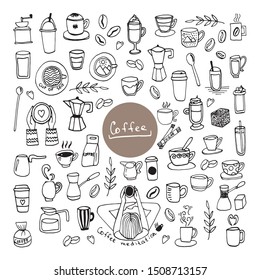 Set of hand drawn cups of coffee, chocolate, cocoa, americano or cappuccino, sugar, coffee makers and beans. Doodle vector illustration.