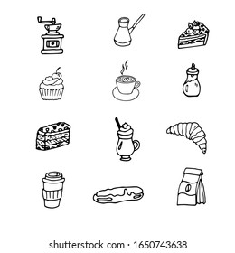 Set of hand drawn cups of coffee, cake, muffin, eclair, croissant , cappuccino, sugar, coffee grinder. Doodle vector illustration.