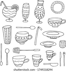 Set of hand drawn cups and glasses. Kitchen elements collection. Vector illustration.