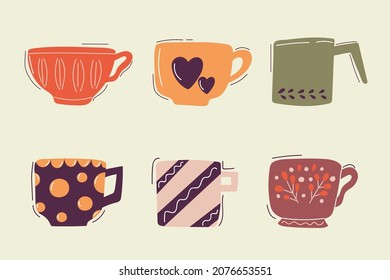 Set of hand drawn cups of tea or coffee with modern ornaments. Flat cartoon illustration. 