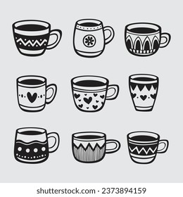 Set of hand drawn cups of tea and coffee
