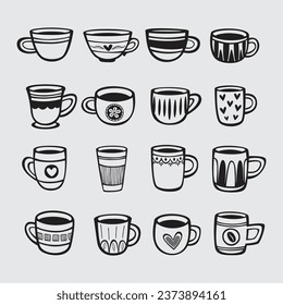 Set handgezeichnete Tassen Tee und Kaffee