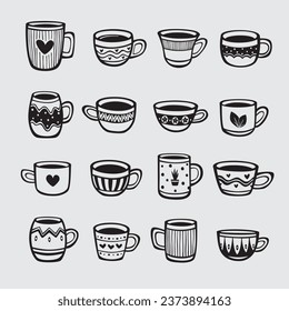 Set handgezeichnete Tassen Tee und Kaffee