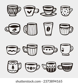 Set of hand drawn cups of tea and coffee