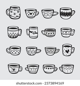 Set of hand drawn cups of tea and coffee
