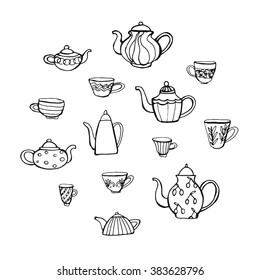 set of hand drawn cups and teapots on white background