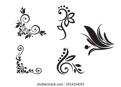 Set hand drawn curly grass and flowers on white isolated background. Botanical illustration. Decorative floral picture.