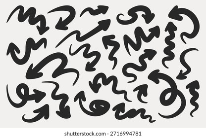 Conjunto de flechas de curva dibujadas a mano. Punteros de marcadores Abstractas. Divertidos Elementos de doodle.