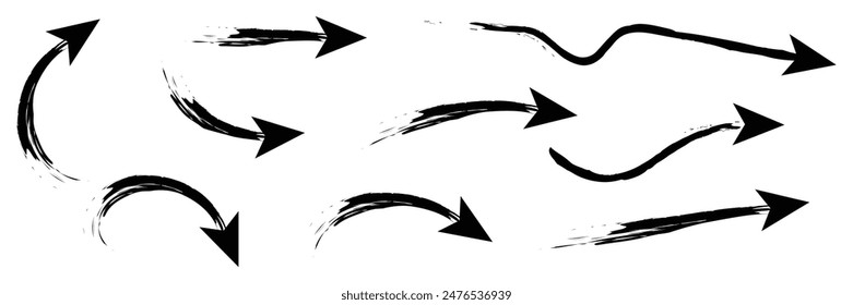 Set of Hand drawn curved arrow icon with brush. Brush long  arrow isolated on a white background.