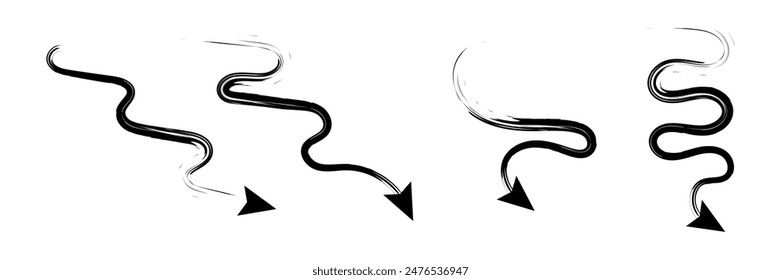 Set of Hand drawn curved arrow icon with brush. Brush long  arrow isolated on a white background.