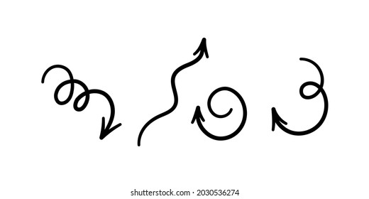 Set of hand drawn curved arrows. Swirling black arrows. Vector illustration isolated in doodle style on white background.
