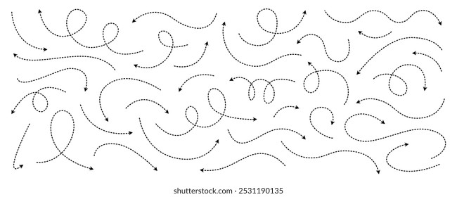 Conjunto de setas direcionais finas de linha pontilhada curvas desenhadas à mão no estilo doodle. Coleção de setas tracejadas pretas isoladas no fundo branco. Ilustração vetorial para infográfico, cartaz, esquema