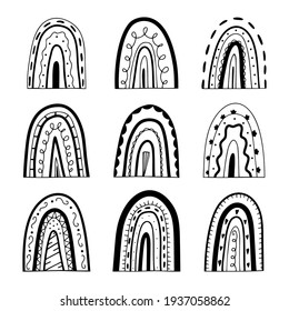 Conjunto de arcos dibujados a mano adorables abstractos aislados en un fondo blanco. Doodle, simple ilustración de contorno. Se puede utilizar para la decoración de textiles, papel y otras superficies.