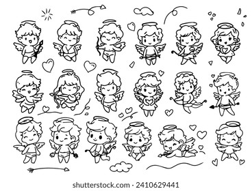 set of hand drawn cute adorable cupid. isolated in white. for valentine greeting card