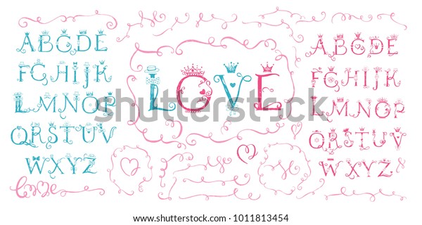 手書きのかわいいアルファベットの文字のセット バレンタインデー 愛 ロマンチック ウエディングカードのデザイン 頭文字 大文字の署名 のベクター画像素材 ロイヤリティフリー