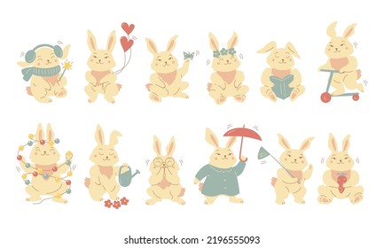 Set of hand drawn cute animals rabbits character. Bundle of funny bunnies with glasses, scarf, heart, book, garland, umbrella, carrot, flower, scooter. Vector in cartoon kawaii style
