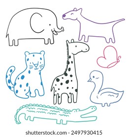 set of  hand drawn cute animals