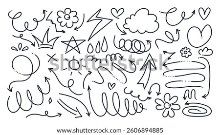 Set of Hand drawn cute arrows with curvy lines and decorative elements. Scribble isolated clouds, flowers, sun, star, crown, hearts. Set of doodle icons. Collection of sketchy hand free curved lines
